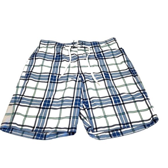 Merona Men's Large Swim Trunks Blue White Green Plaid Elastic Waist Drawstring - Picture 2 of 14